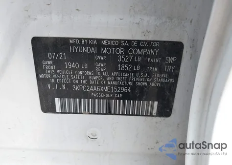 2021 Hyundai Accent Se/Sel z USA, uszkodzony, nr VIN 3KPC24A6XME152964
